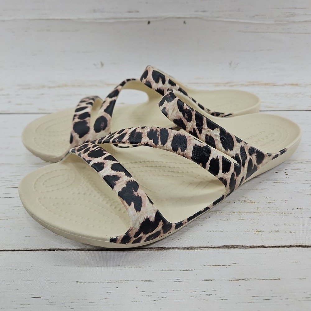 Crocs Kadee II Leopard Womens 8 Tan Slip On Slide‎ Sandals Lightweight 206894